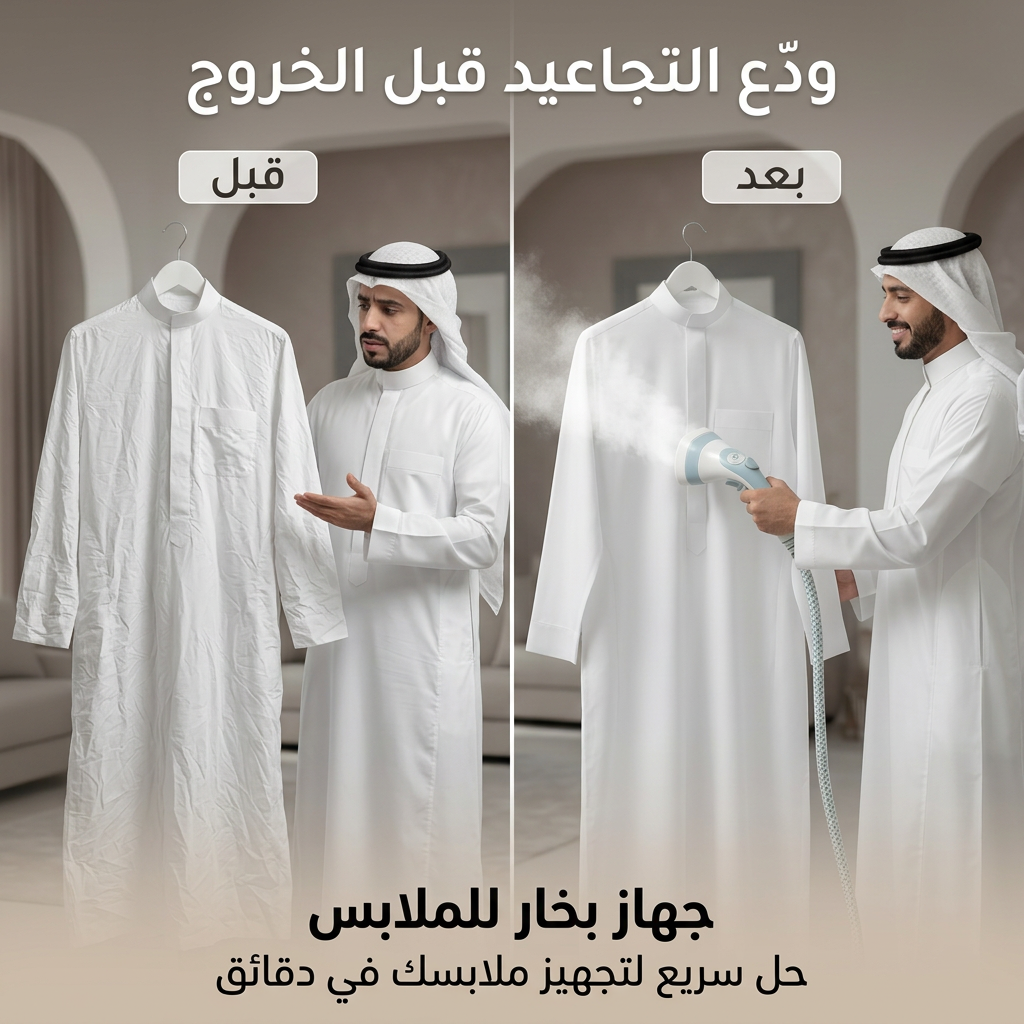 مقارنة قبل وبعد استخدام مكواة البخار العمودية